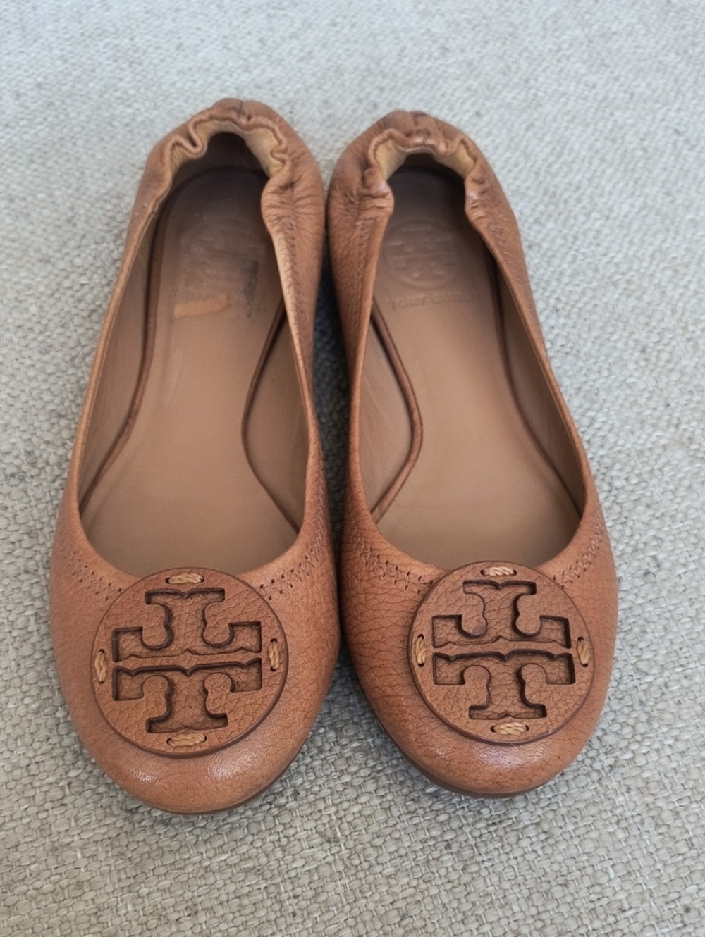 Tory Burch Reva Tumbled Leather Ballet Flats Royal Tan Brown Size 6